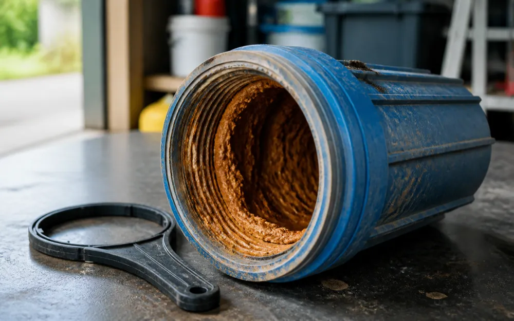An opened whole-house water filter housing coated inside with thick orange-brown sediment