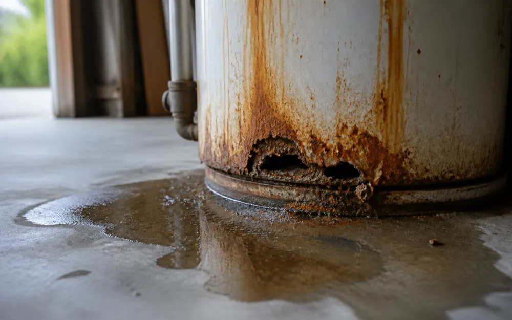 The rusted-through base of an old water heater tank with corrosion streaks and a spreading puddle beneath it