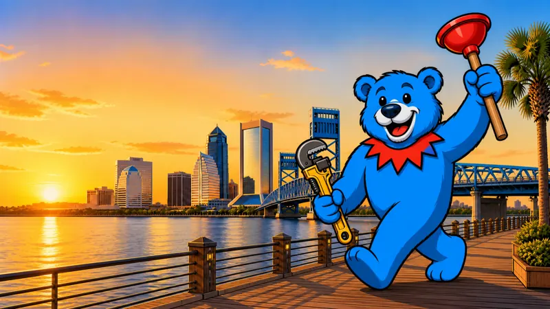 The Greatful Plumber bear mascot holding a plunger and a pipe wrench on the St. Johns River boardwalk, with the downtown Jacksonville skyline and Main Street Bridge at sunset