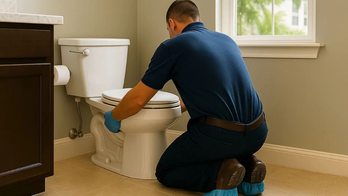 A plumber positioning a toilet during installation