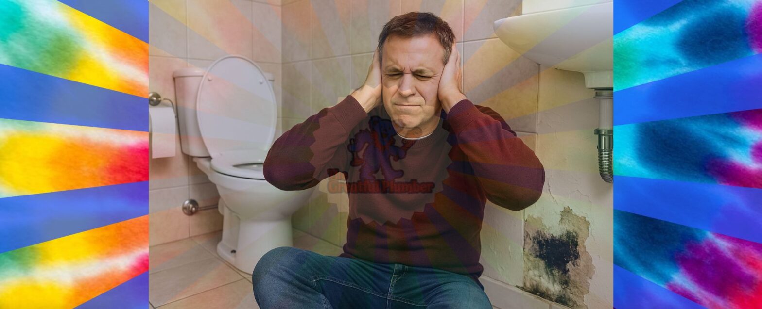 Stressed Jacksonville homeowner with hands over ears in bathroom with plumbing problems and mold damage