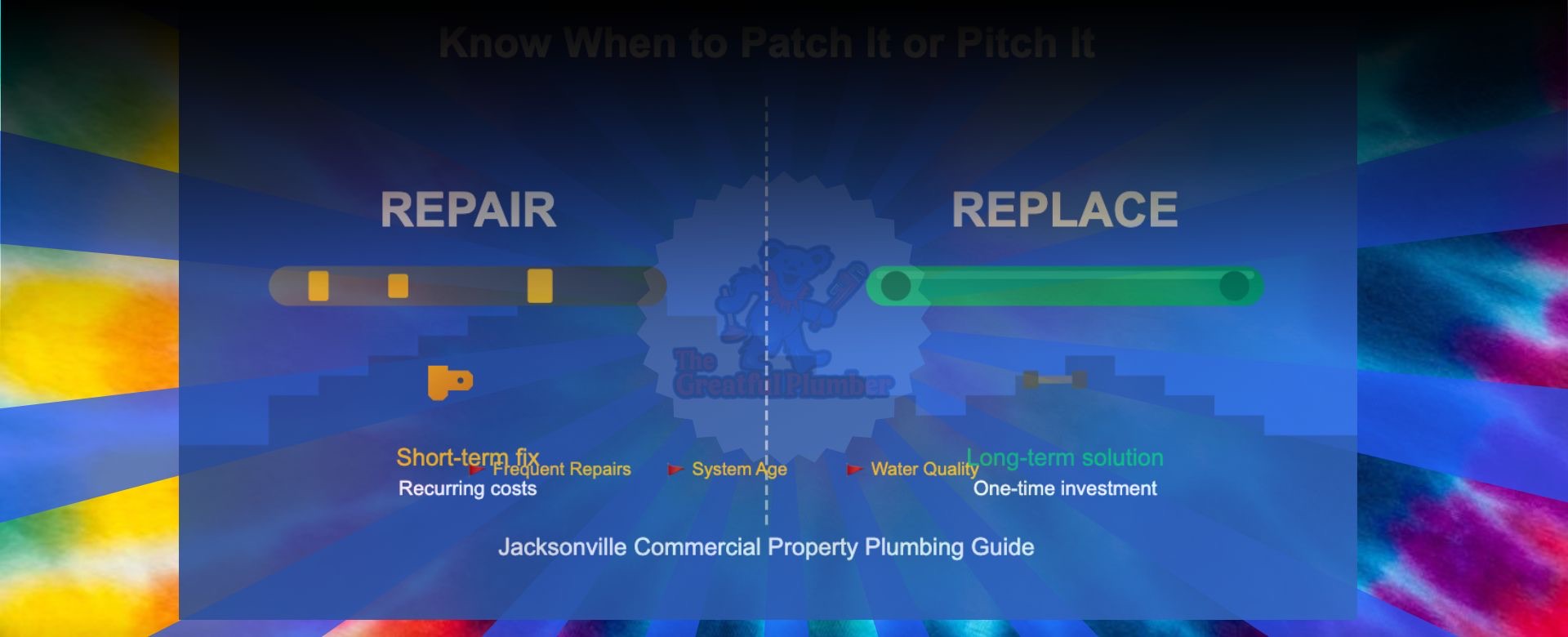 Split-screen illustration showing repair vs replace decision for commercial plumbing in Jacksonville, with old patched pipes on left and new pipes on right, Jacksonville skyline background