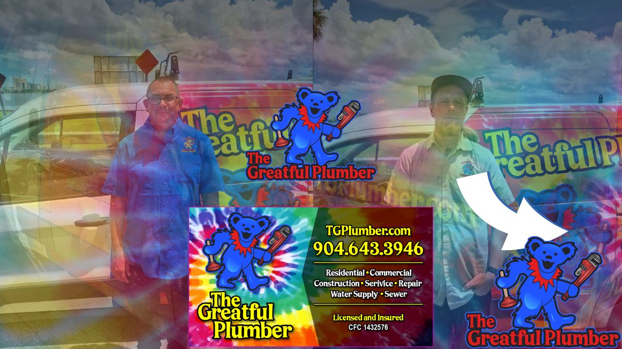 The Greatful Plumber Jacksonville FL professional plumbers with colorful tie-dye branding and contact information 904-648-3946 for DIY vs professional plumbing advice