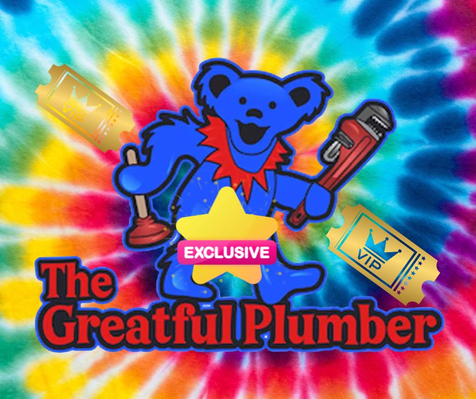 Greatful Plumber logo featuring blue dancing bear mascot with plumbing tools on colorful tie-dye background
