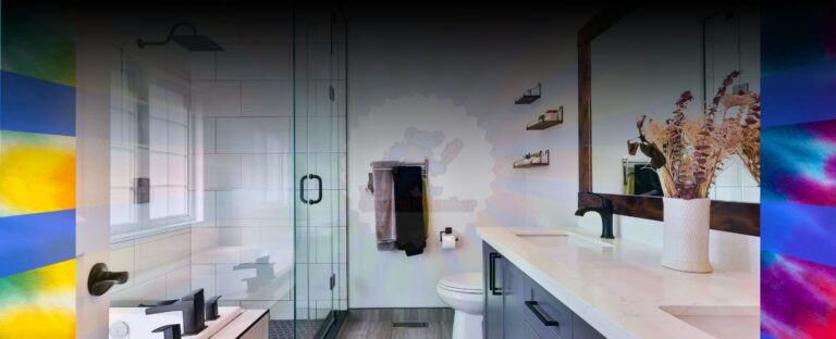 Modern renovated bathroom featuring glass shower doors, floating vanity with quartz countertop, and contemporary tile work - example of quality bathroom renovation in Jacksonville