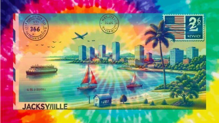Jacksonville vintage postcard illustration with tie-dye background showing waterfront skyline, sailboats, palm trees, and USS O'Sotta cruise ship