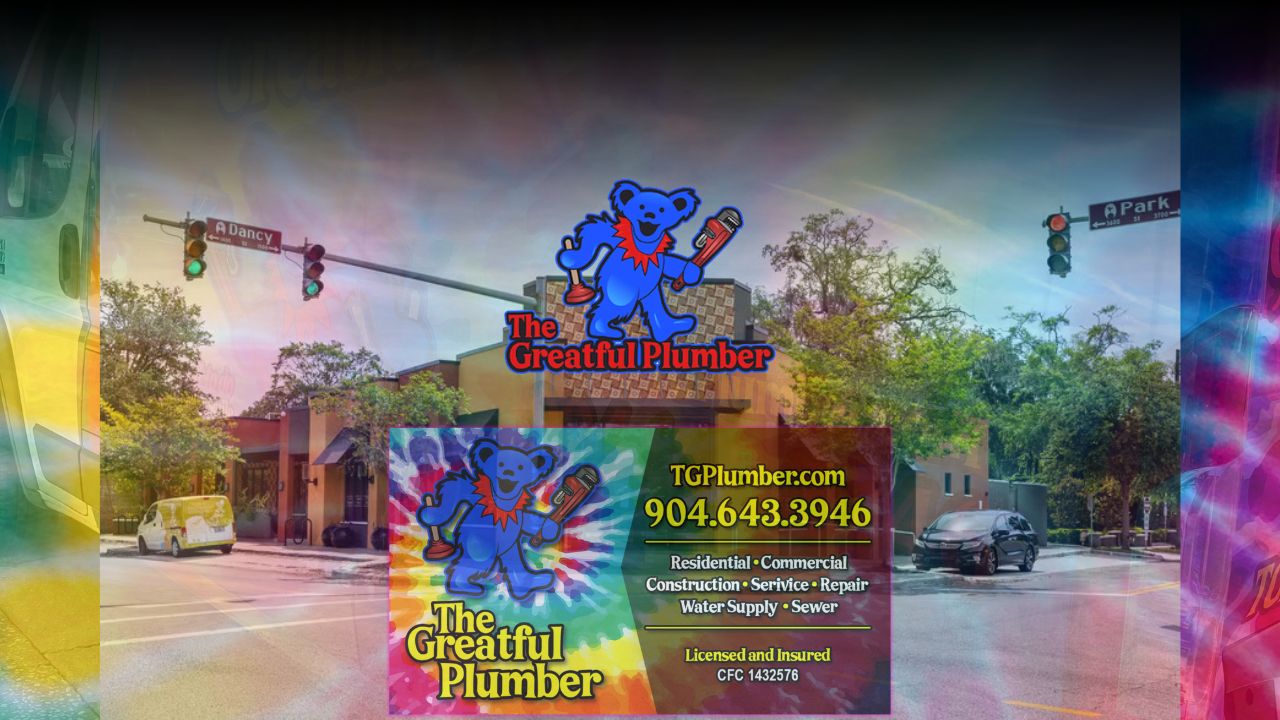 The Greatful Plumber mascot logo and business information for commercial restaurant plumbing services in Jacksonville Florida