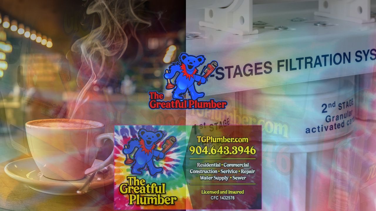 Steaming coffee cup with water filtration system background showing the journey from underground aquifer to home, Jacksonville water treatment, Greatful Plumber branding