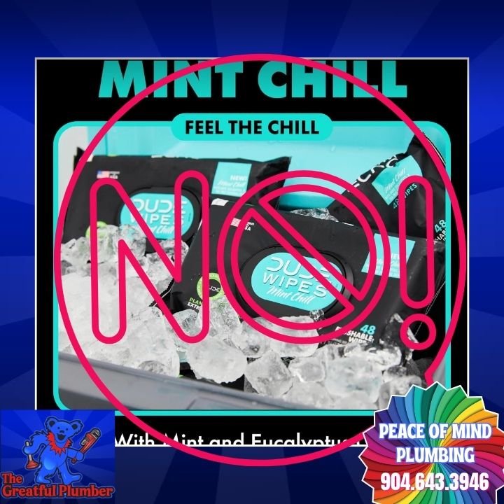 Warning graphic showing Mint Chill wipes package on ice with large red "NO!" symbol overlay, branded with Peace of Mind Plumbing logo and contact information