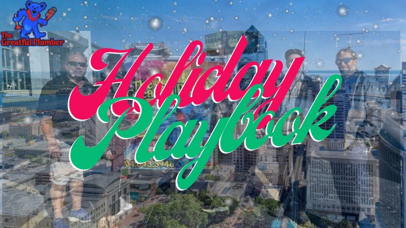 Holiday Plumbing guide with Jacksonville skyline background and The Grateful Plumber logo