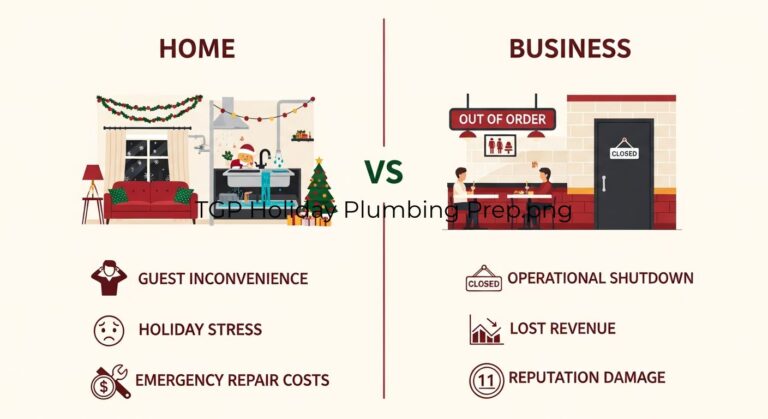 Holiday plumbing preparation comparison showing home guest inconvenience versus business operational shutdown with The Greatful Plumber branding