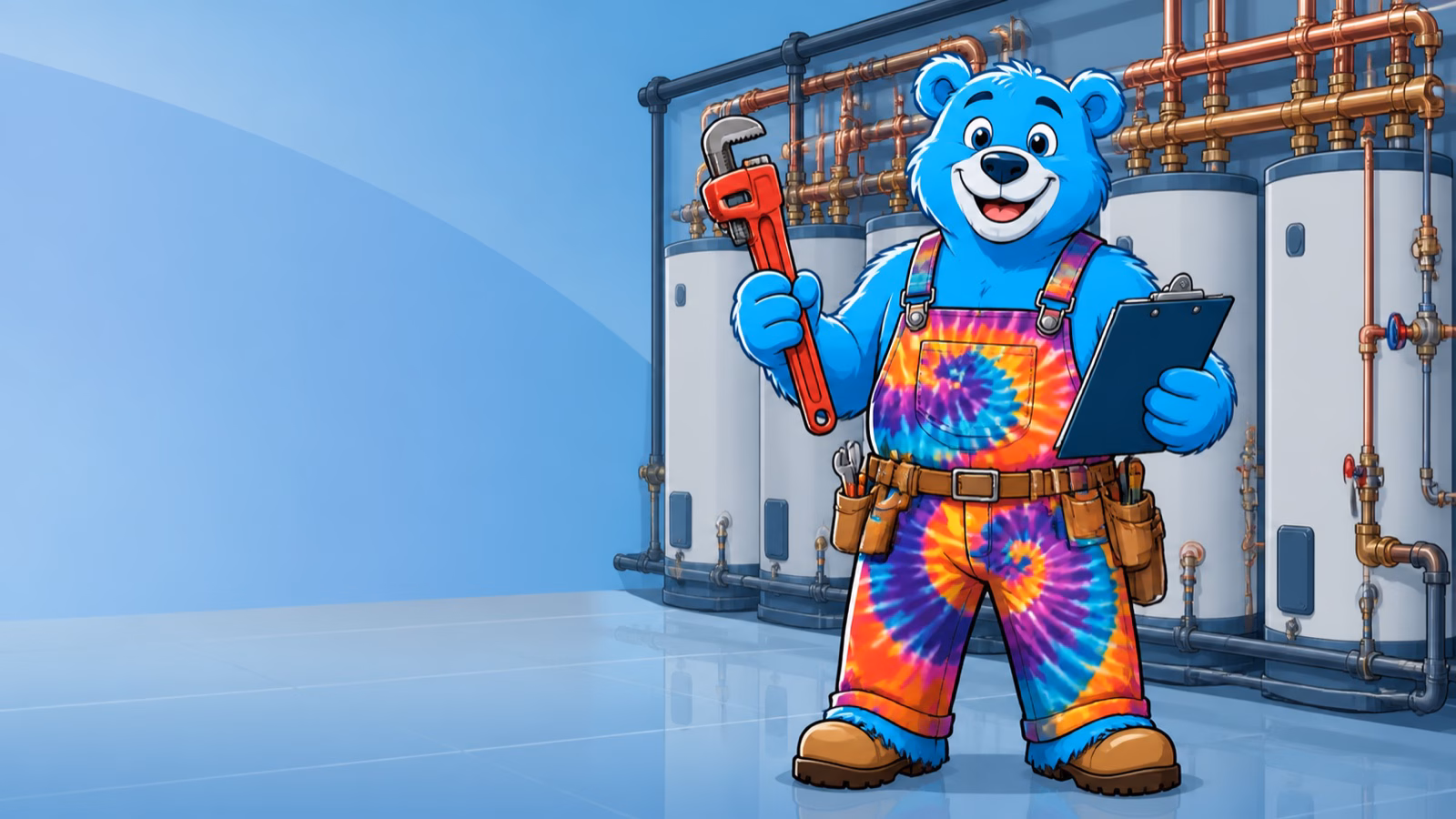 Cartoon tie-dye bear plumber mascot in a commercial utility room with water heaters and pipe manifolds