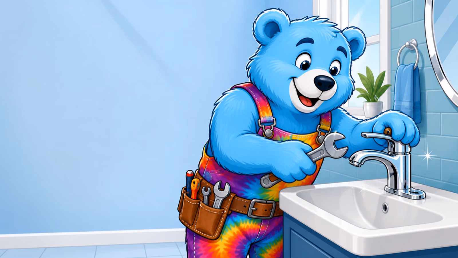 Cartoon tie-dye bear plumber mascot installing a new bathroom faucet