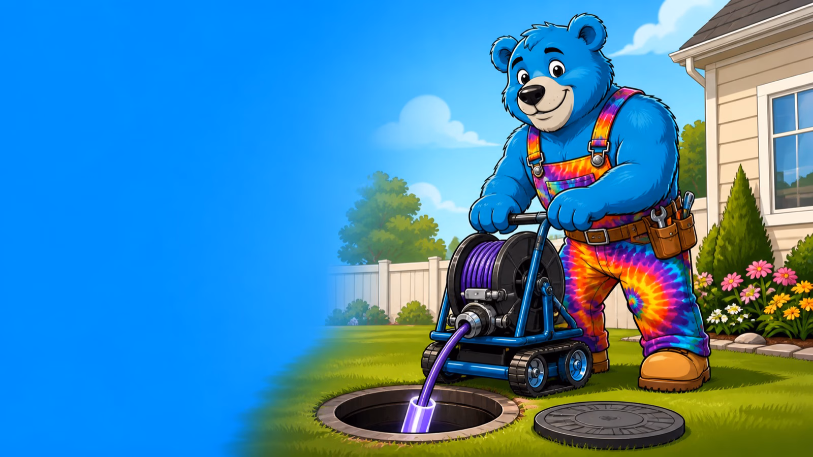 Cartoon tie-dye bear plumber mascot operating a trenchless pipe-lining machine