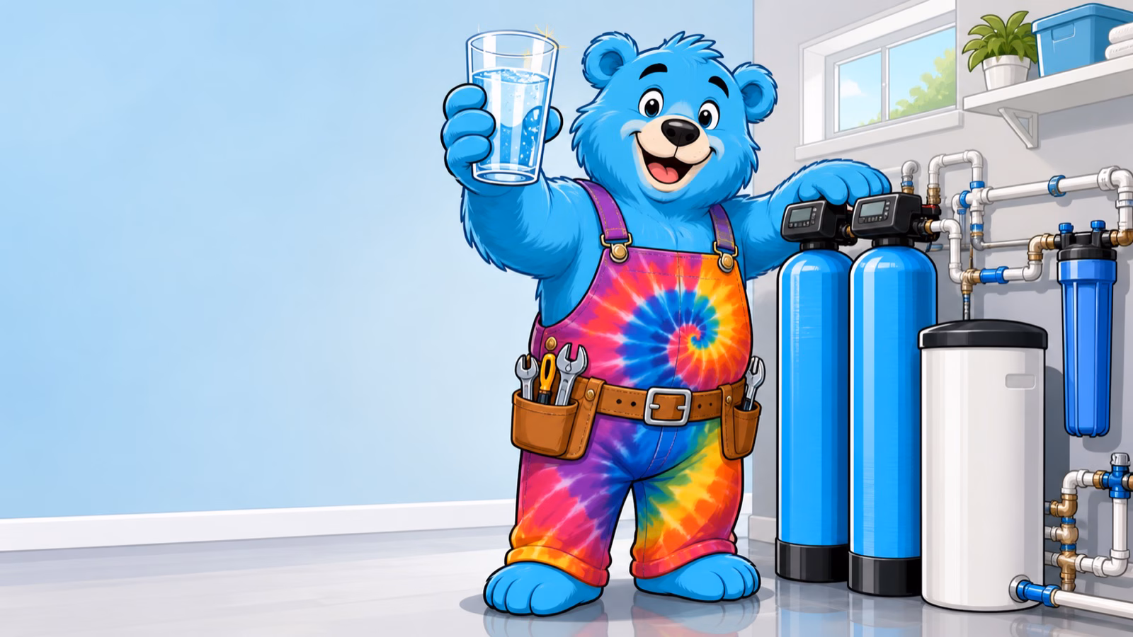 Cartoon tie-dye bear plumber mascot holding a glass of clean water beside a whole-house filtration tank