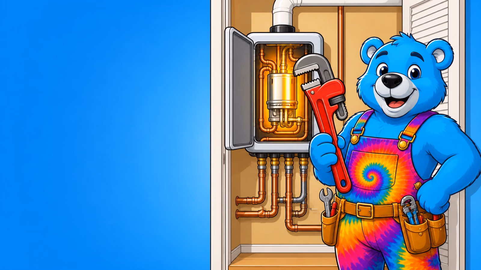 Cartoon tie-dye bear plumber mascot repairing a water heater access panel