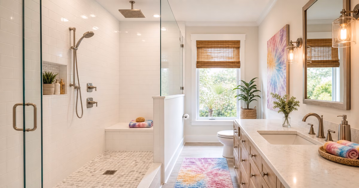 A renovated Jacksonville bathroom with a walk-in shower, tiled floor and double vanity