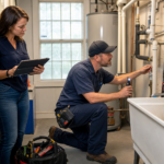 Commercial plumber inspecting plumbing while a property manager reviews notes