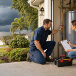 Jacksonville homeowner reviewing hurricane season plumbing prep with a plumber near a water heater