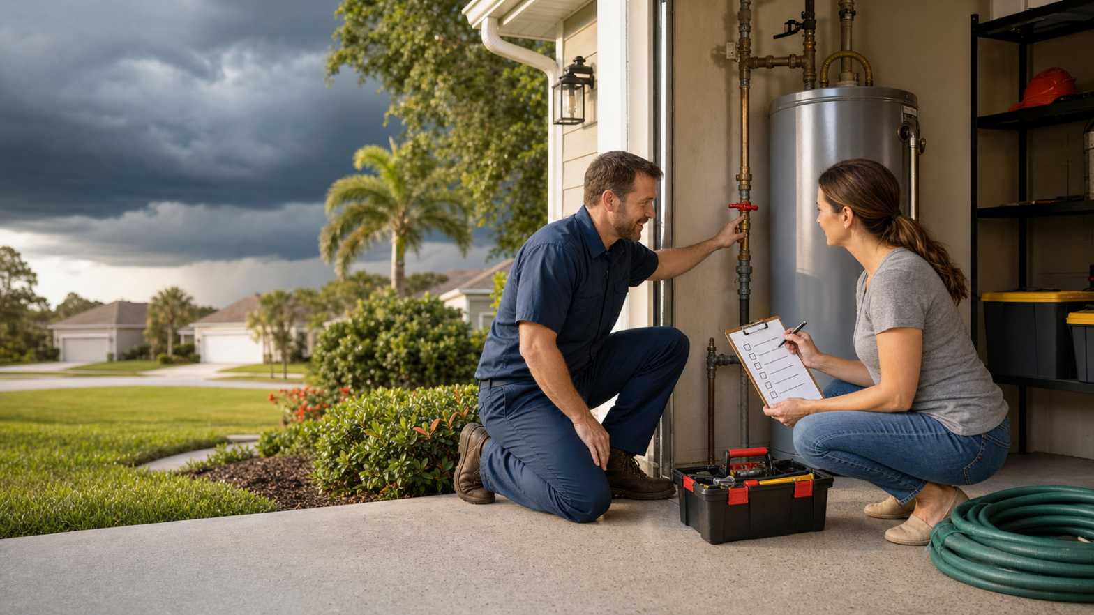 Jacksonville homeowner reviewing hurricane season plumbing prep with a plumber near a water heater