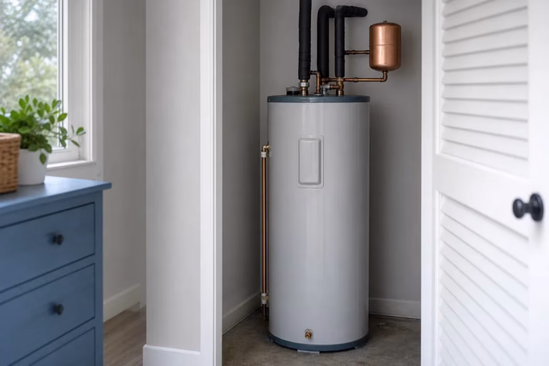 A residential tank water heater in a utility closet with insulated hot and cold water lines and an expansion tank