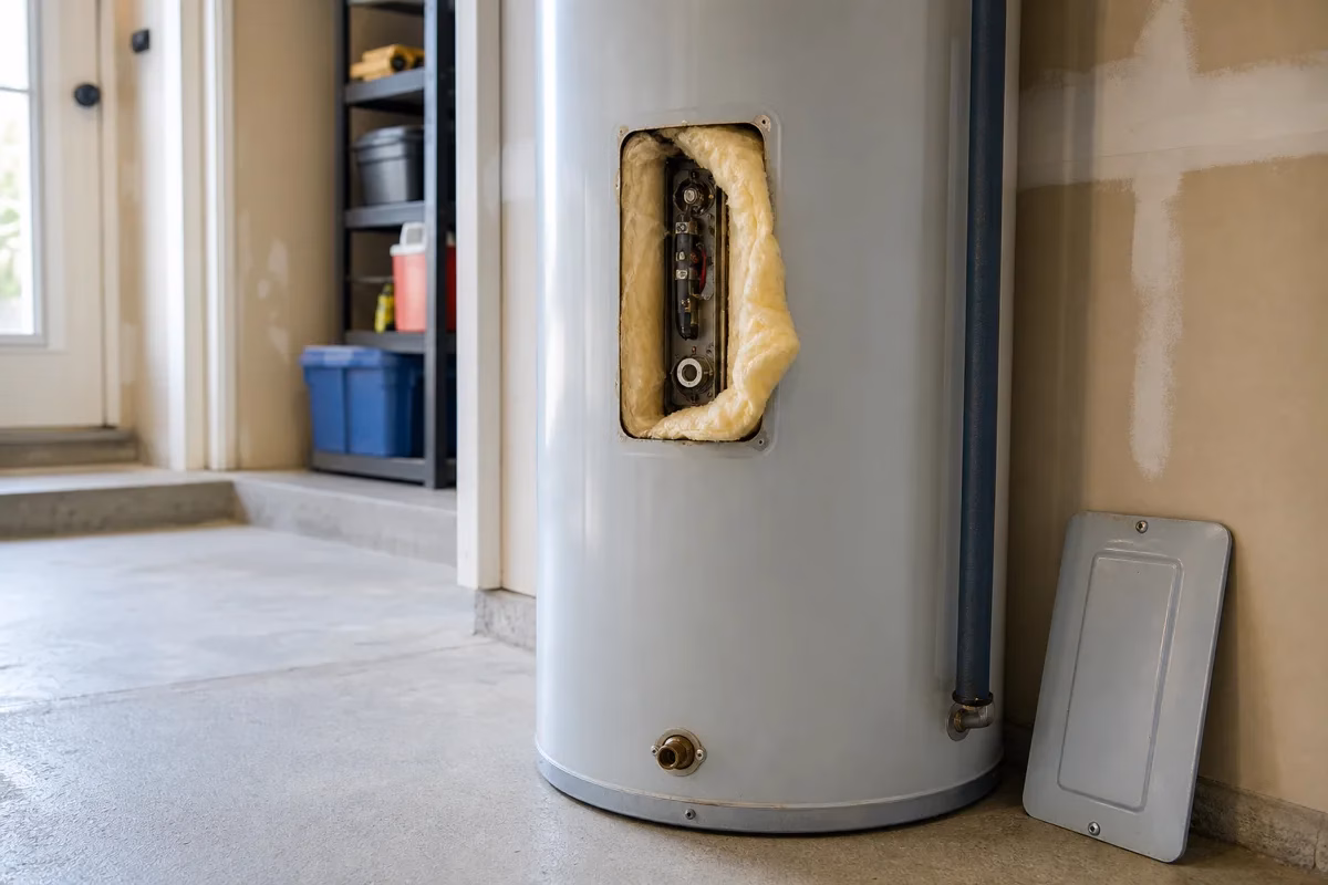 An electric water heater with its upper element access panel removed and the insulation folded back
