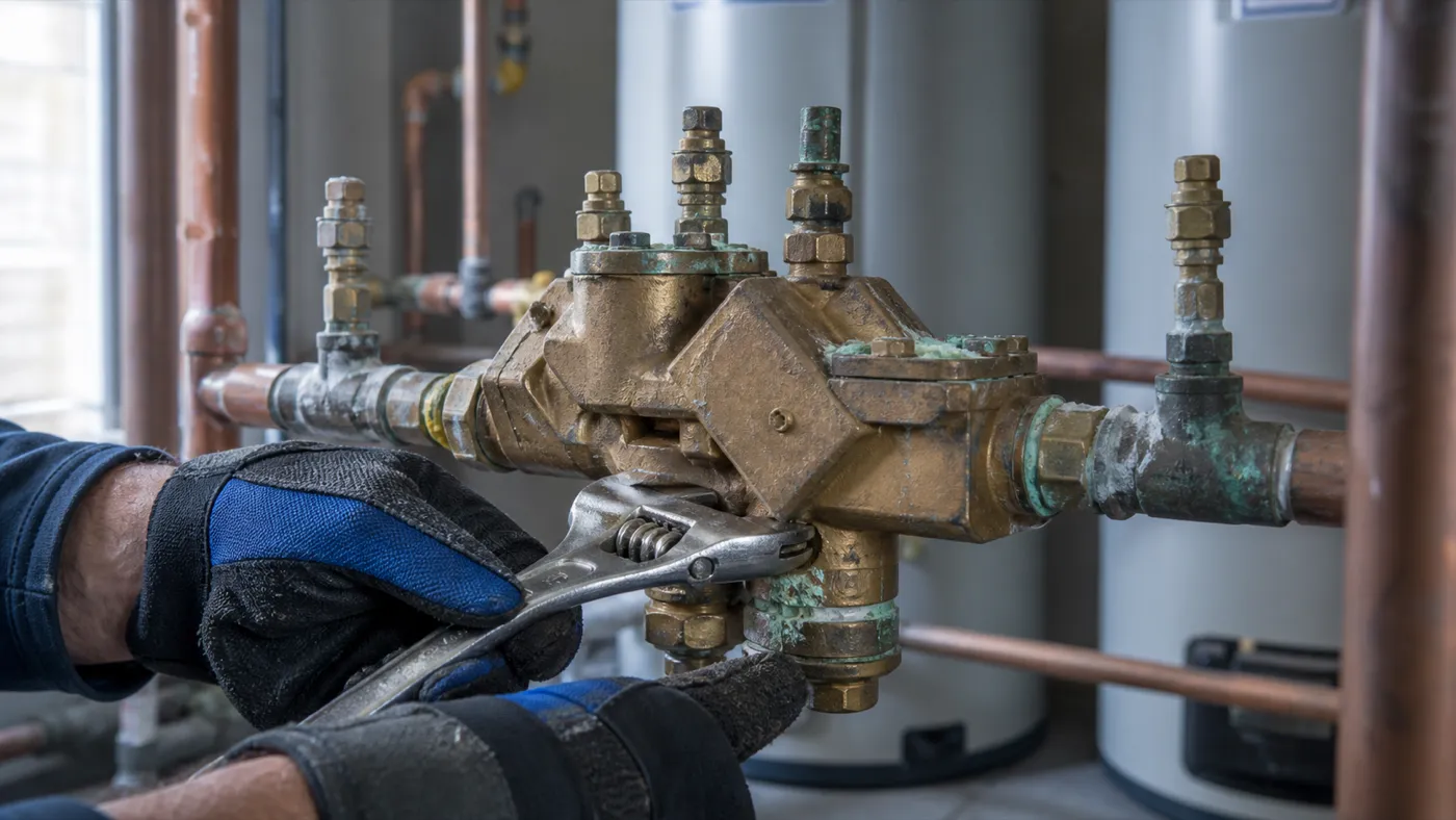 Gloved hands with a wrench on a large brass commercial backflow preventer showing mineral scale and green patina