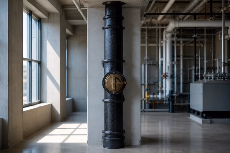 A large diameter commercial cast iron drain stack with a brass cleanout fitting in a mechanical room