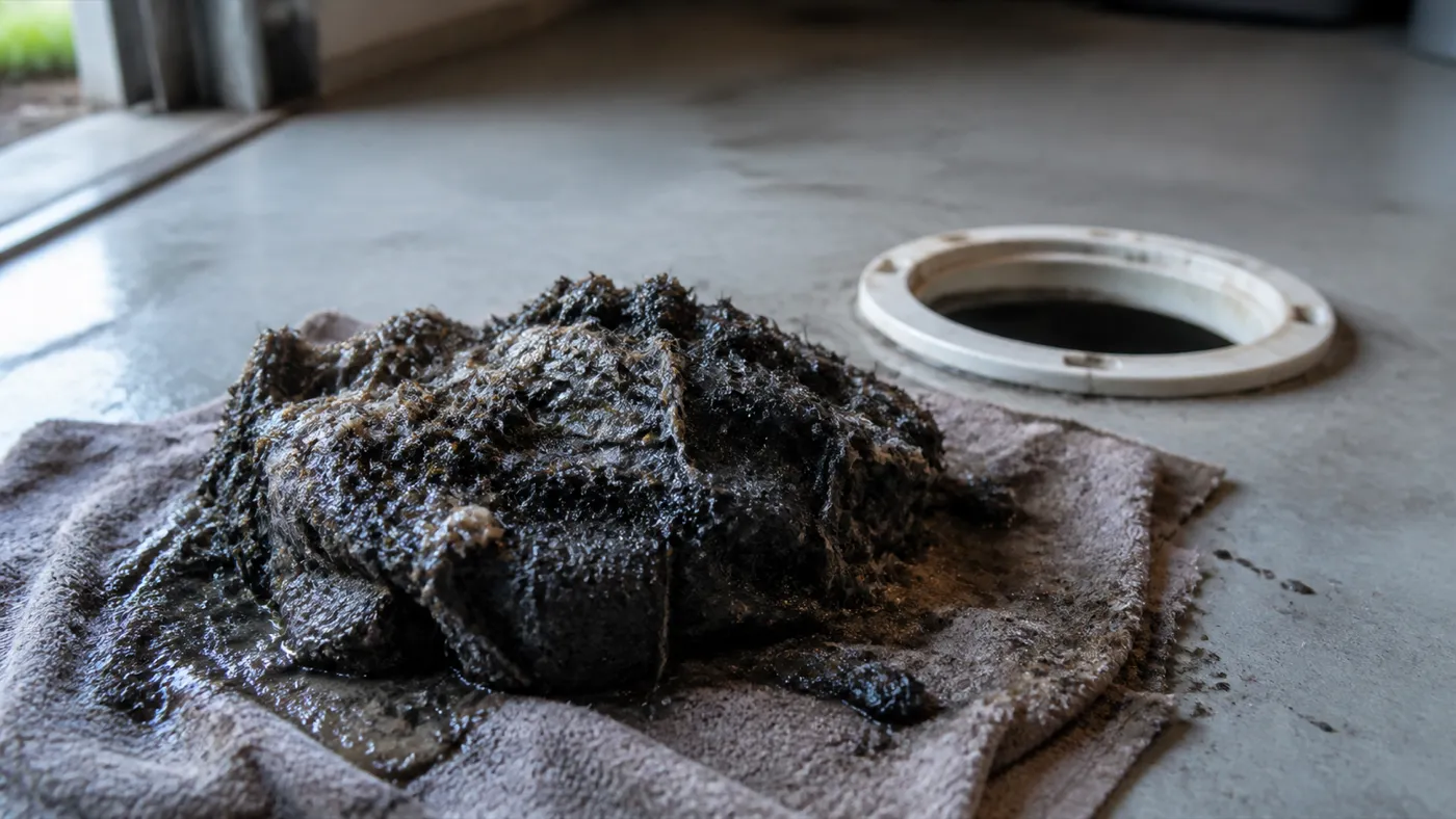 A thick mat of congealed grease and hair pulled from a residential drain line, resting on a rag beside the open cleanout