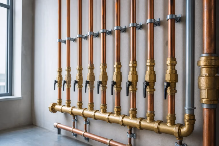 Parallel runs of copper water line with brass isolation valves on a multi-unit building mechanical room wall