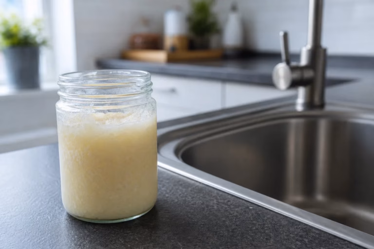 A glass jar of congealed cooking grease on a kitchen counter beside a stainless steel sink