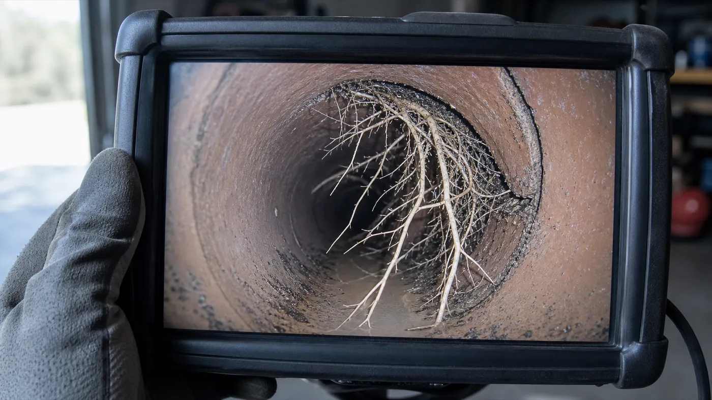 A sewer inspection monitor held in a gloved hand, showing tree roots pushing through the joint of a clay sewer pipe