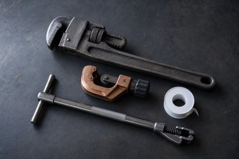 A pipe wrench, copper tubing cutter, basin wrench and roll of thread seal tape laid out on a dark workshop bench