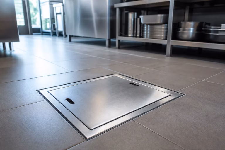 A stainless steel grease interceptor access lid set into the tiled floor of a commercial restaurant kitchen