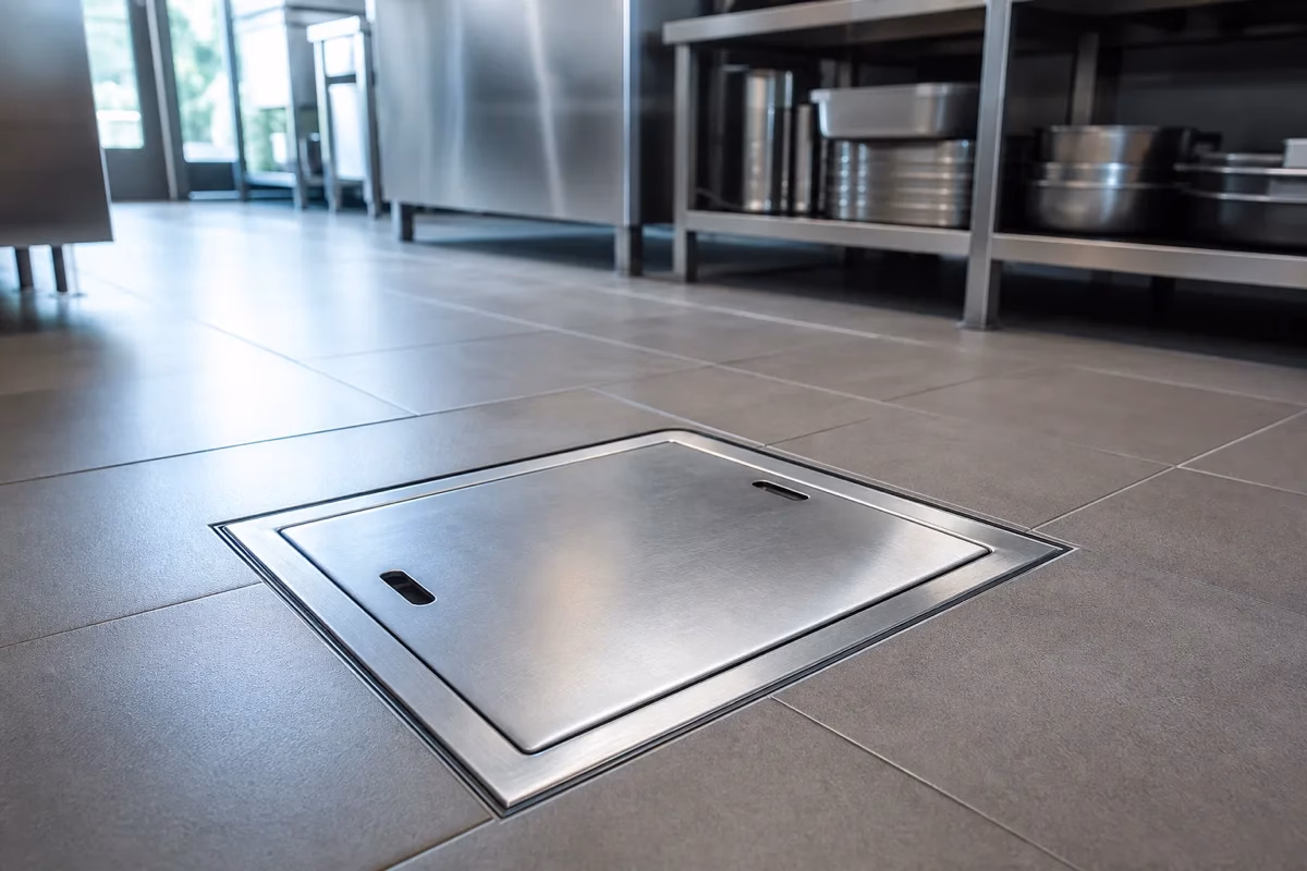 A stainless steel grease interceptor access lid set into the tiled floor of a commercial restaurant kitchen