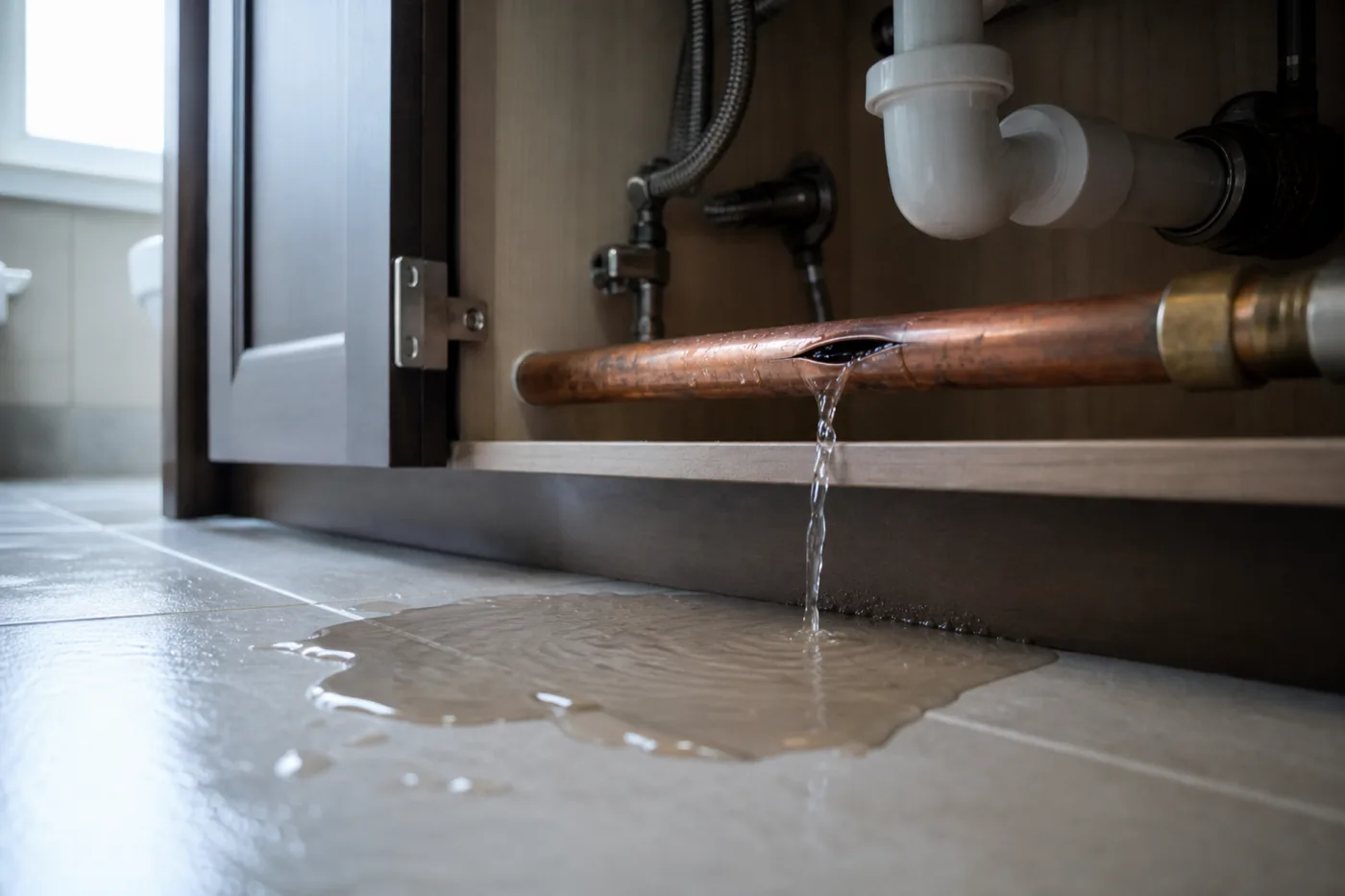 A split copper supply pipe under a bathroom vanity with water pooling on the tile floor below