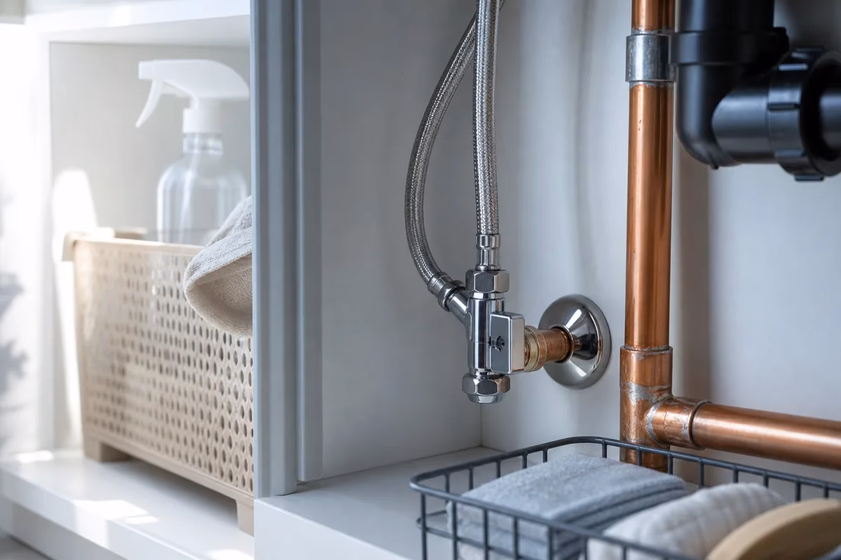 A chrome quarter-turn shutoff valve and braided steel supply lines under a kitchen sink