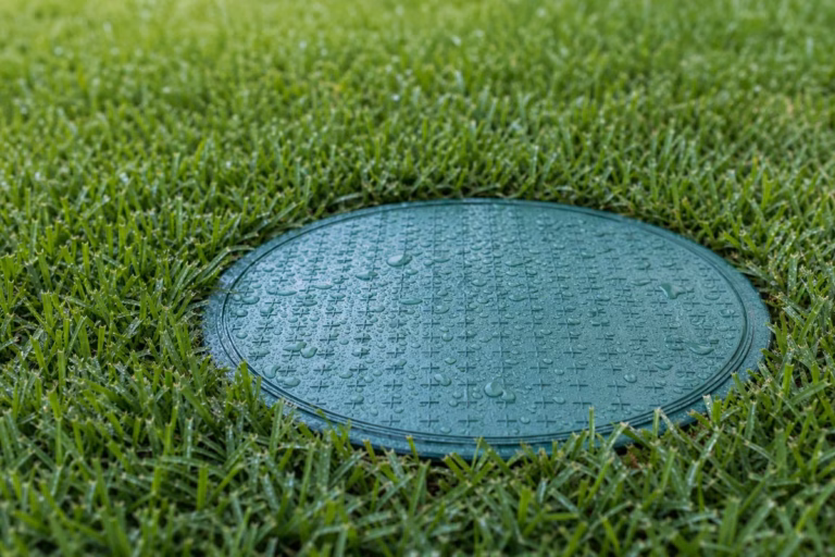 A green residential septic tank access lid set flush in wet grass after heavy rain
