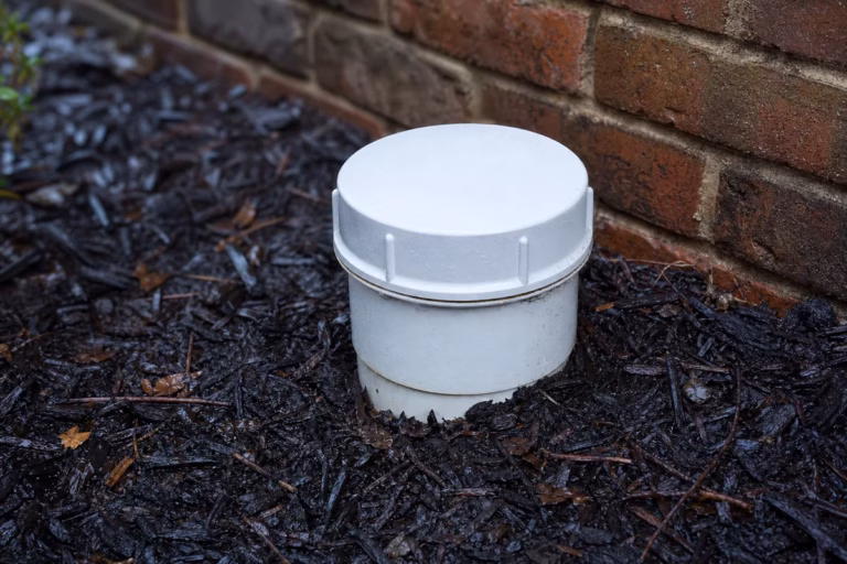 A white PVC sewer cleanout cap rising from a mulched bed beside the brick foundation of an older home after rain