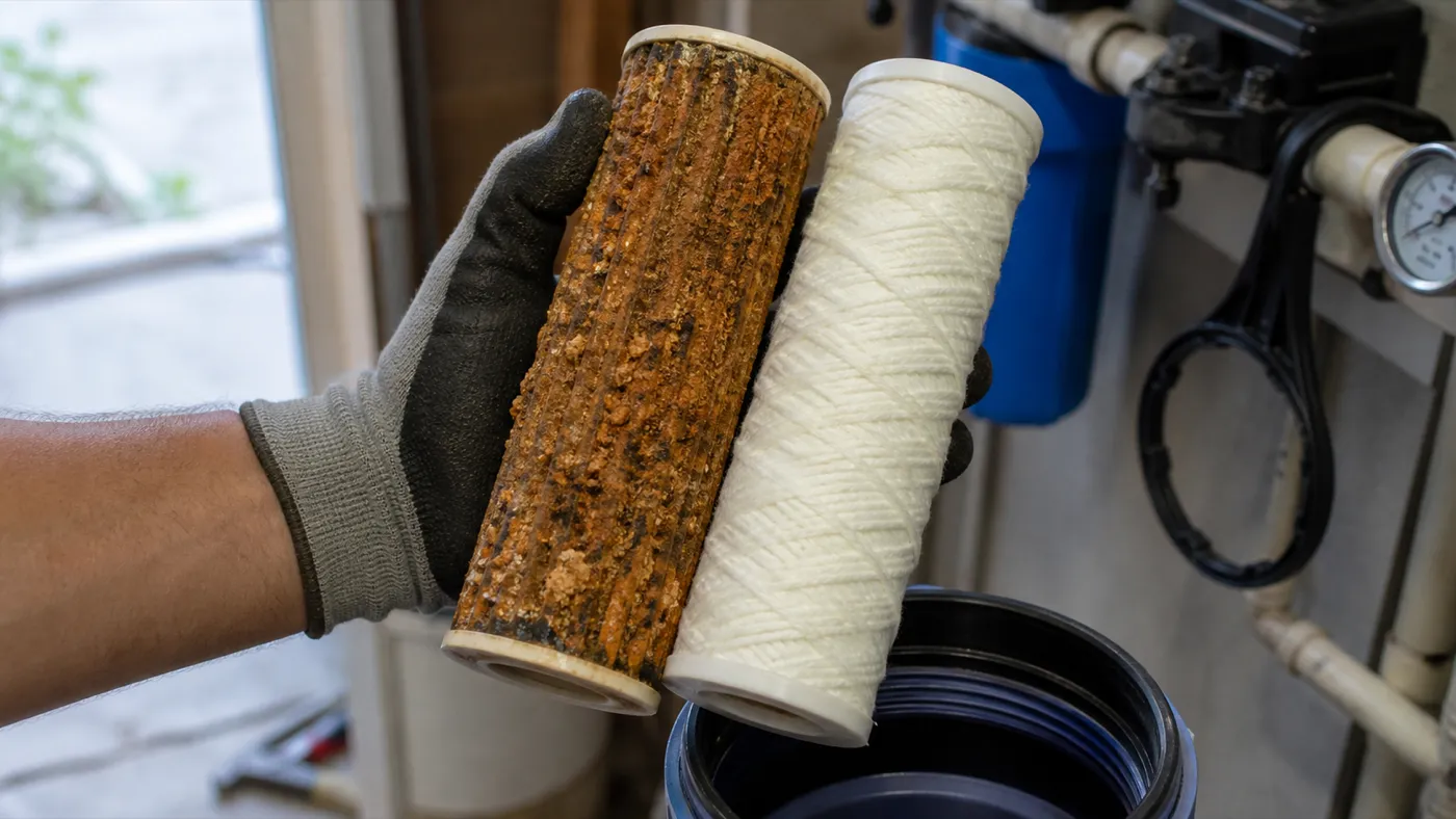 A gloved hand holding a spent water filter cartridge caked in orange-brown sediment beside a clean replacement cartridge
