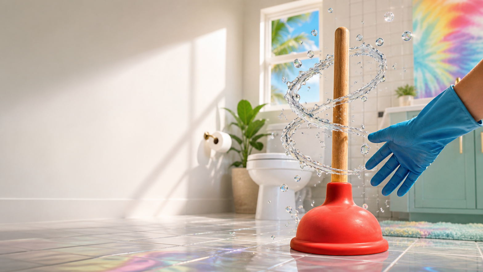 Bathroom plunger and plumbing tools ready for back-to-school plumbing checks.