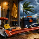 Jacksonville hurricane season plumbing prep with tools, shutoff valve, water heater, and storm clouds.