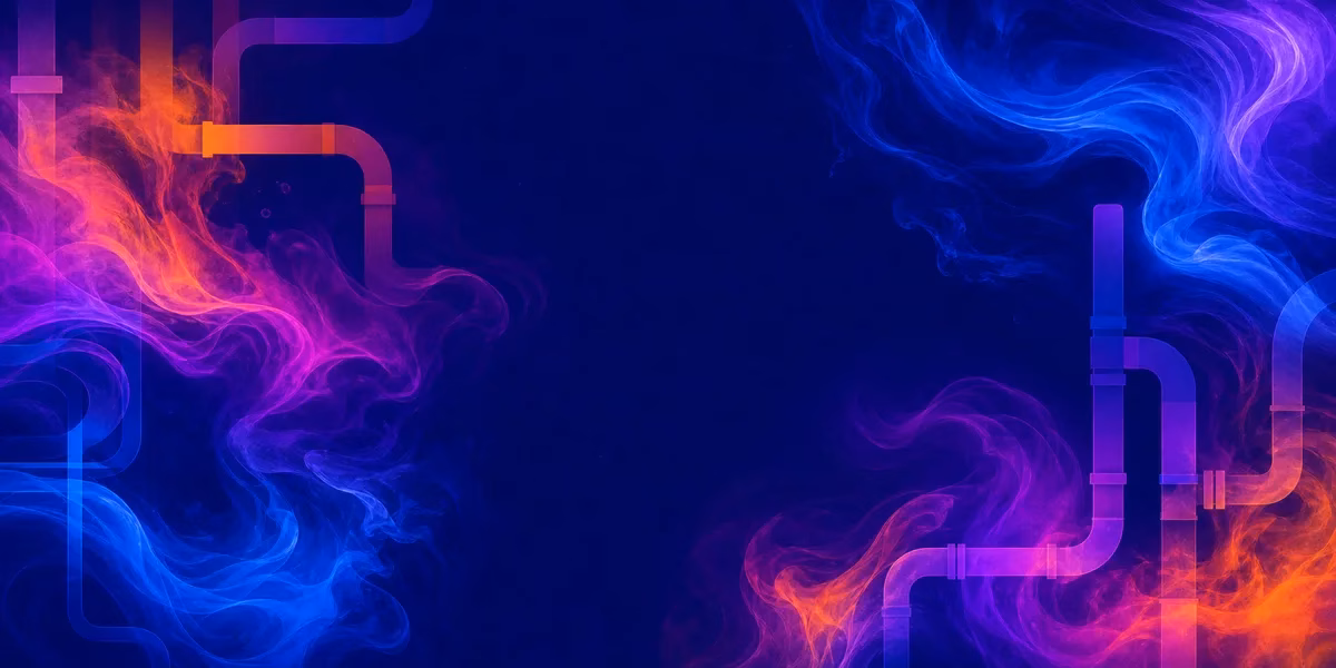 Abstract tie-dye artwork in the Greatful Plumber colours, with flowing water currents and pipe motifs on a deep navy background