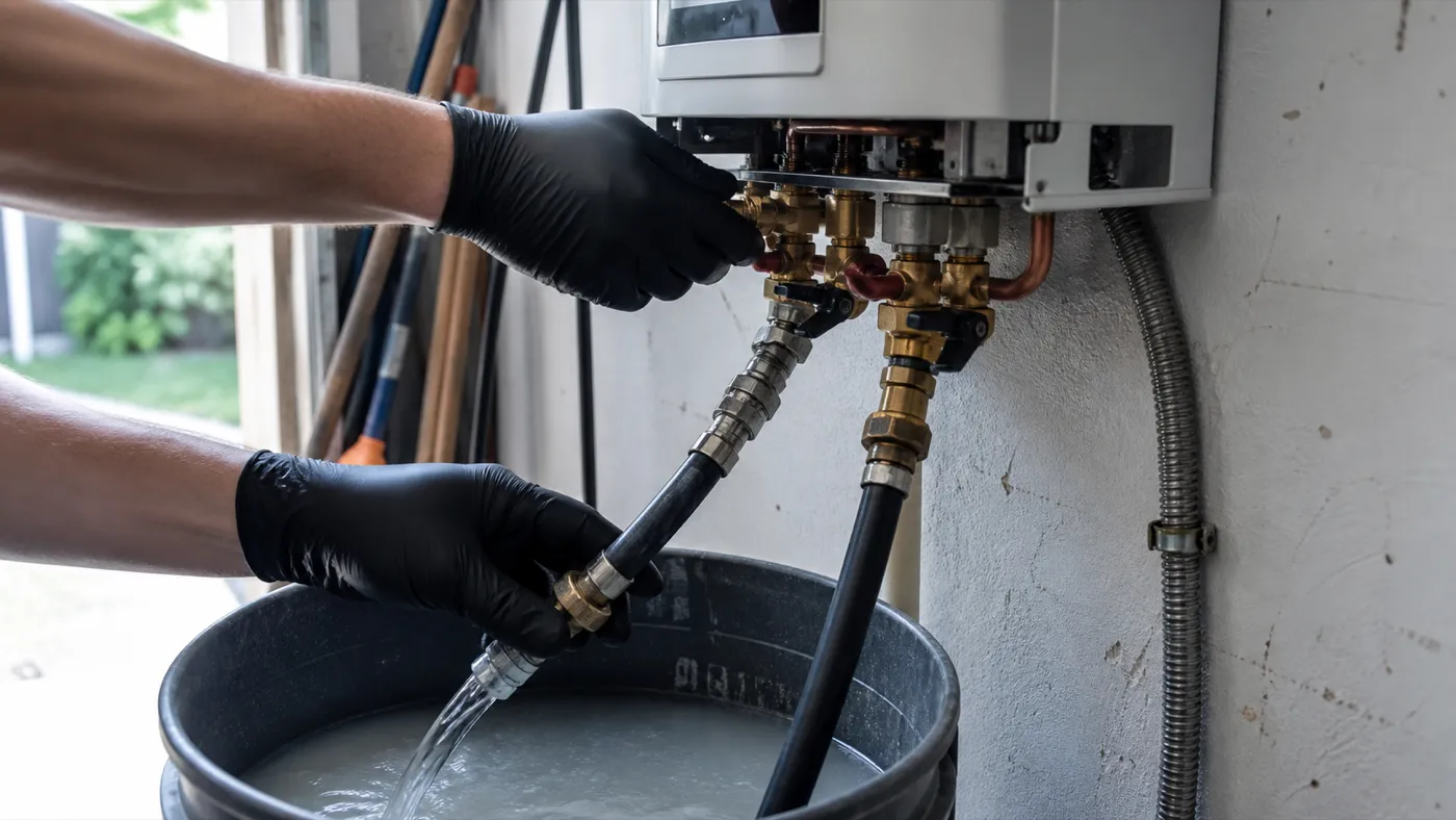 Gloved hands connecting descaling flush hoses to a wall-mounted tankless water heater, scale-laden water draining into a bucket