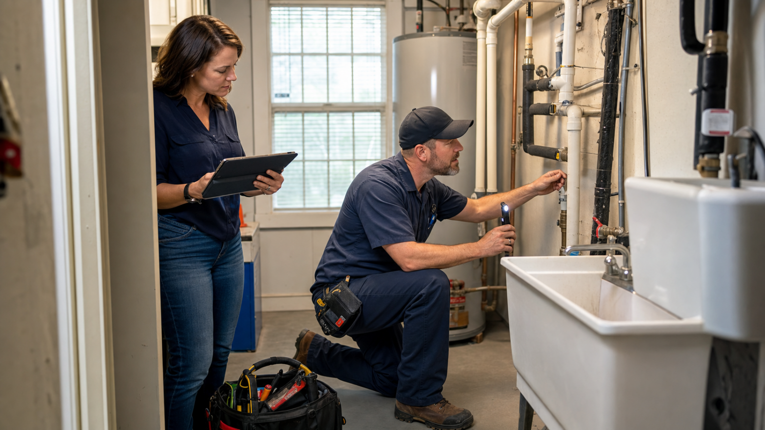 Commercial plumber inspecting plumbing for a Jacksonville property manager.