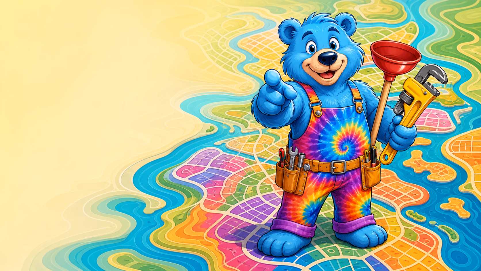 Cartoon tie-dye bear plumber mascot illustration, TGP branded service areas hub hero