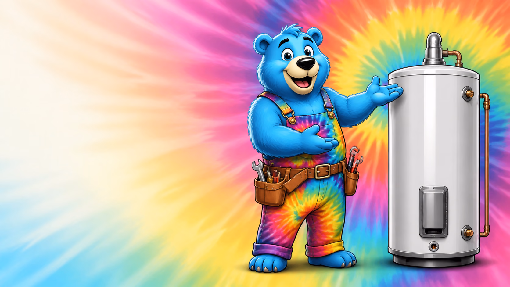 Cartoon tie-dye bear plumber mascot presenting a new tank water heater