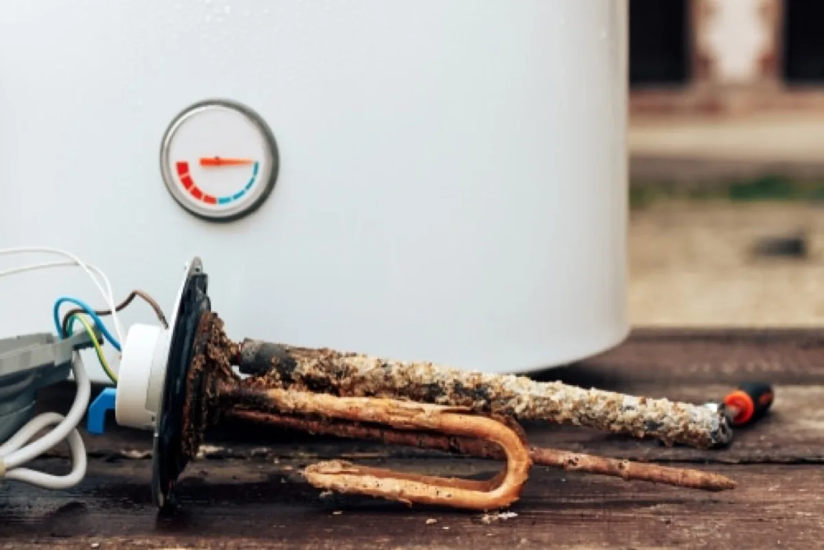 A corroded, scaled-up heating element pulled from a failing water heater
