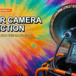 Sewer camera inspection equipment beside a drain pipe with bright tie-dye colors and title text.