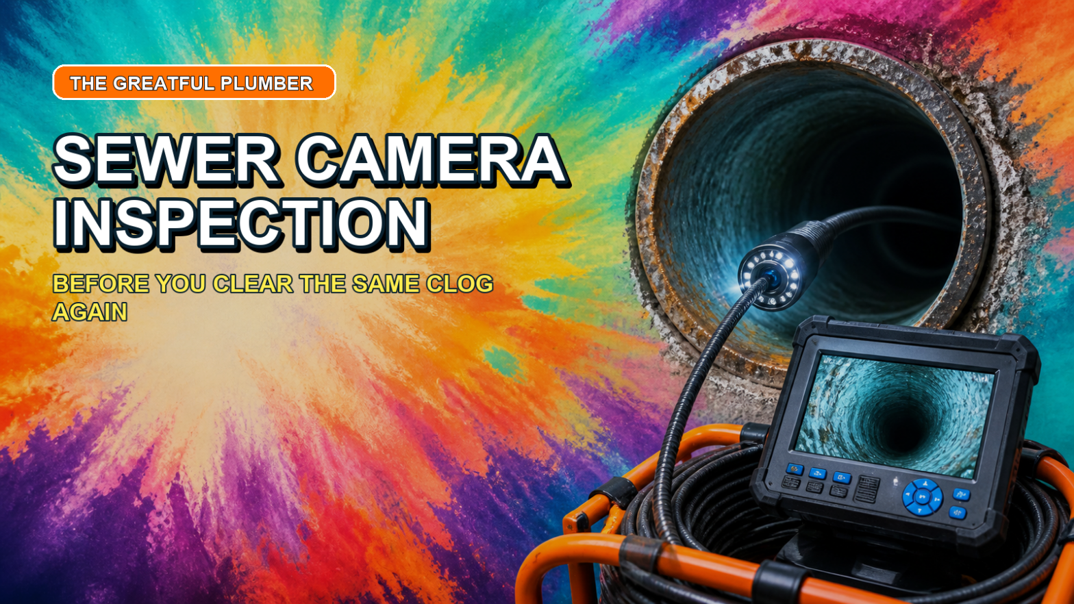 Sewer camera inspection equipment beside a drain pipe with bright tie-dye colors and title text.
